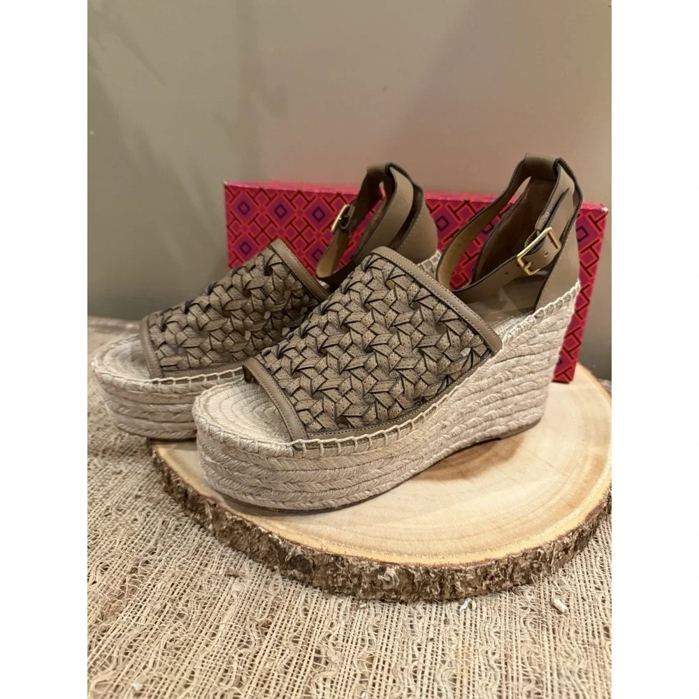Tory Burch Basketweave‎ Espadrille Wedge Platform Sandal Sz-8 Almond Flour $348